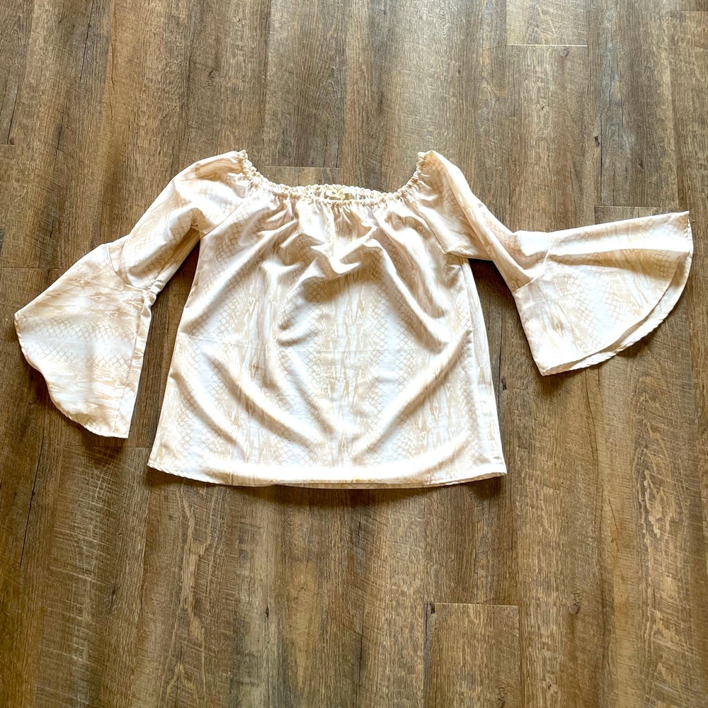 Off the shoulder bell sleeved nude snake print top